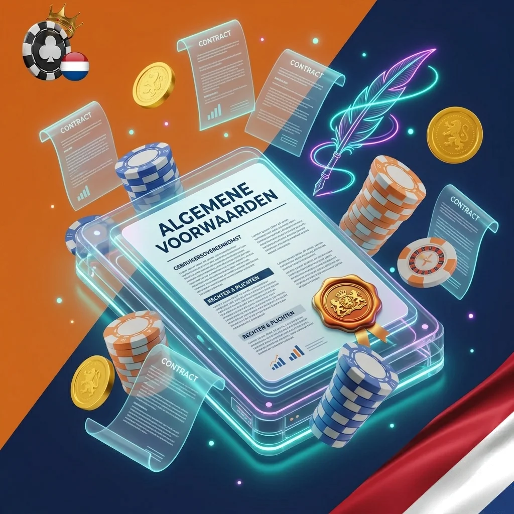Algemene voorwaarden en gebruikersovereenkomst voor Beste Online Casino Nederland 2026, 3D icon van een contract met neon licht.